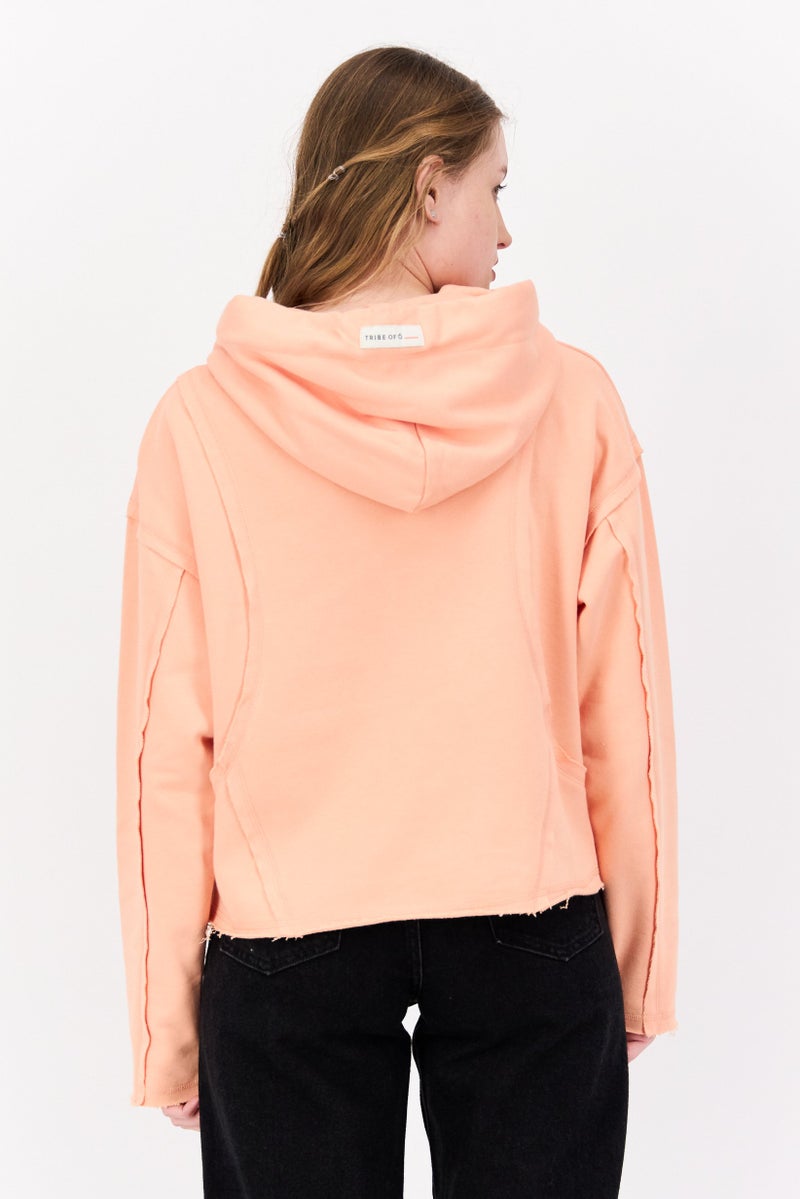 TRIBE OF 6 Women Embroidered Logo Hooded Sweatshirt, Apricot - Image 3
